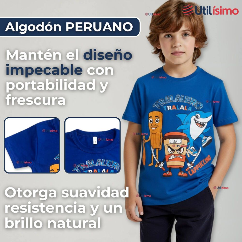 Polera Brainrots 100% Algodón Manga Corta Niño Tralalero Azul image number 1.0