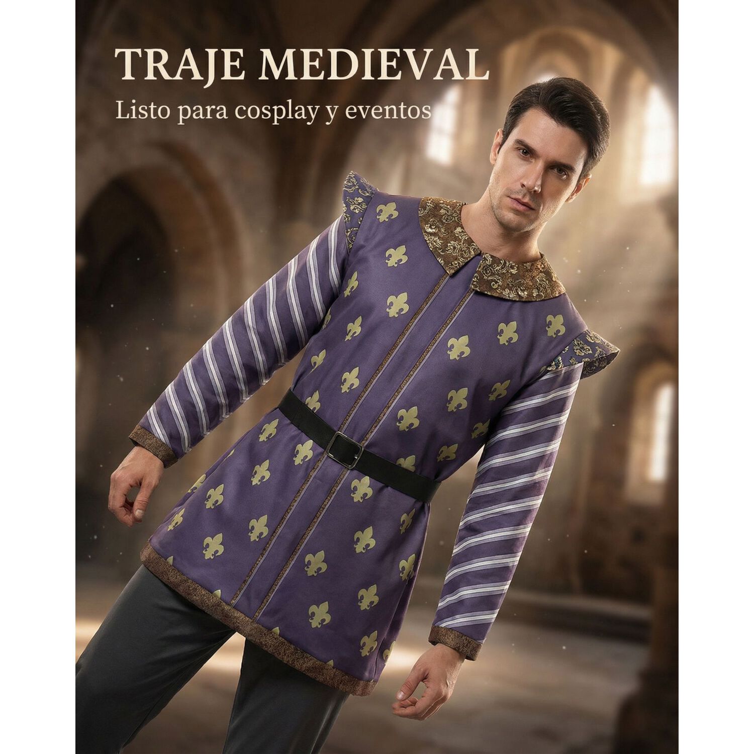 Disfraz Pr&iacute;ncipe Medieval Adulto Con T&uacute;nica, Pantal&oacute;n Y Cintur&oacute;n Cosplay Edad Media Halloween image number 6.0