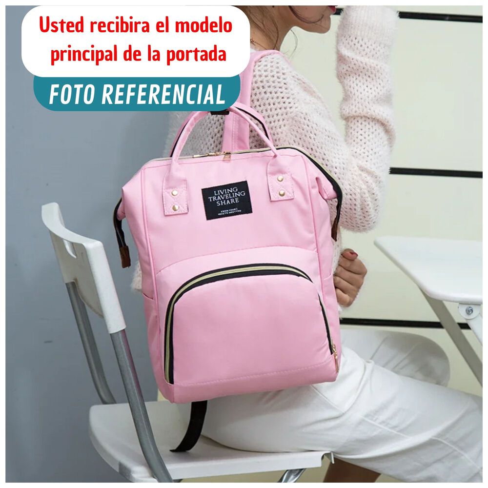 Mochila Maternal Bolso Pañalera Nylon Bebé Diseño Unicolor Térmica E Impermeable Coral Pink image number 4.0