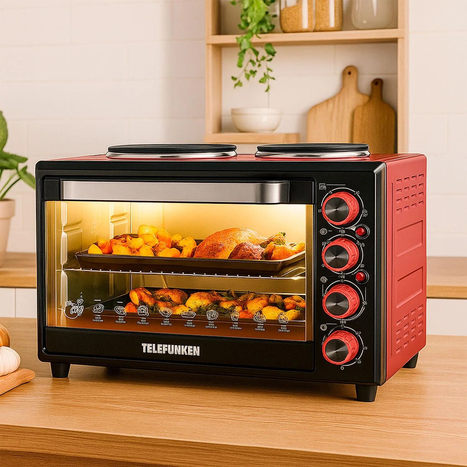 Horno Electrico 2 En 1 Con Encimera Telefunken Tfe552ca Rojo Con Negro 55 Litros image number 2.0