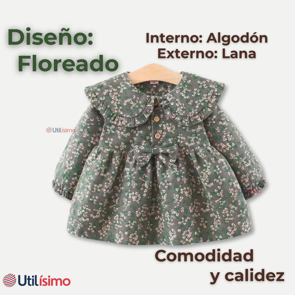 Vestido Floreado De Lana Forrado En Algodón Niña Color Gris image number 1.0