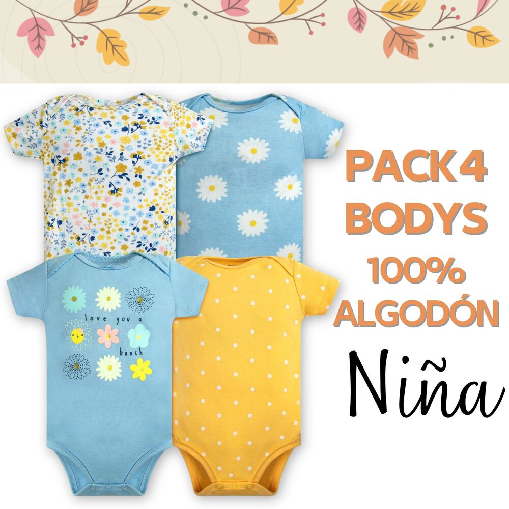 Pack 4 Bodys Niña Manga Corta Tedmimak 100% Algodón Girasoles Amarillo image number 4.0