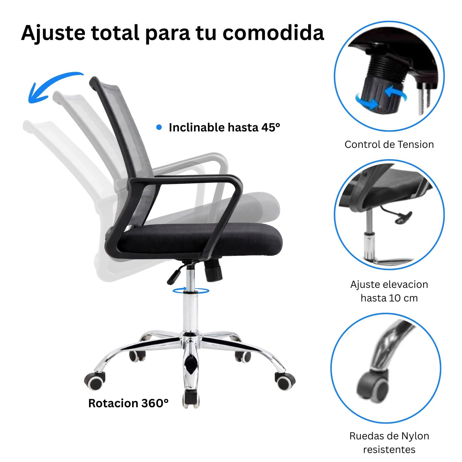 Silla De Oficina Ergon&oacute;mica Santiago Con Altura Ajustable Y Soporte Lumbar image number 5.0