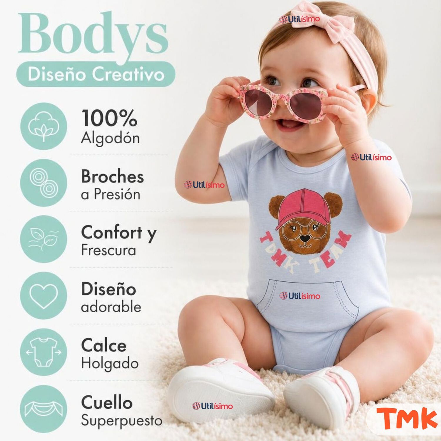 Pack 5 Bodys Manga Corta 100% Algod&oacute;n Tedmimak Ni&ntilde;a Cuddly Bears image number 3.0