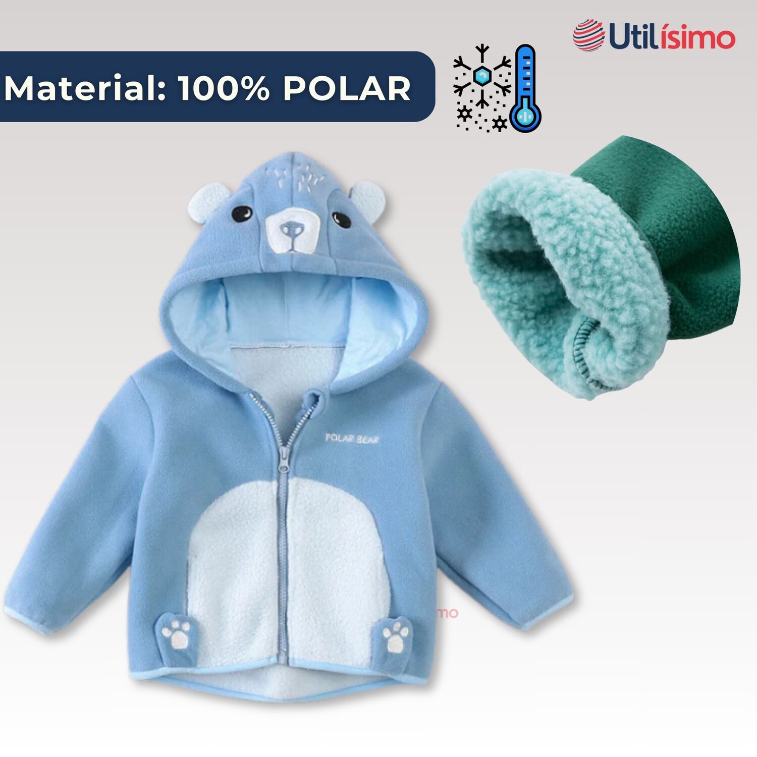 Chaqueta Polar Manga Larga Con Capucha Ni&ntilde;o Y Ni&ntilde;a Azul Oso image number 1.0