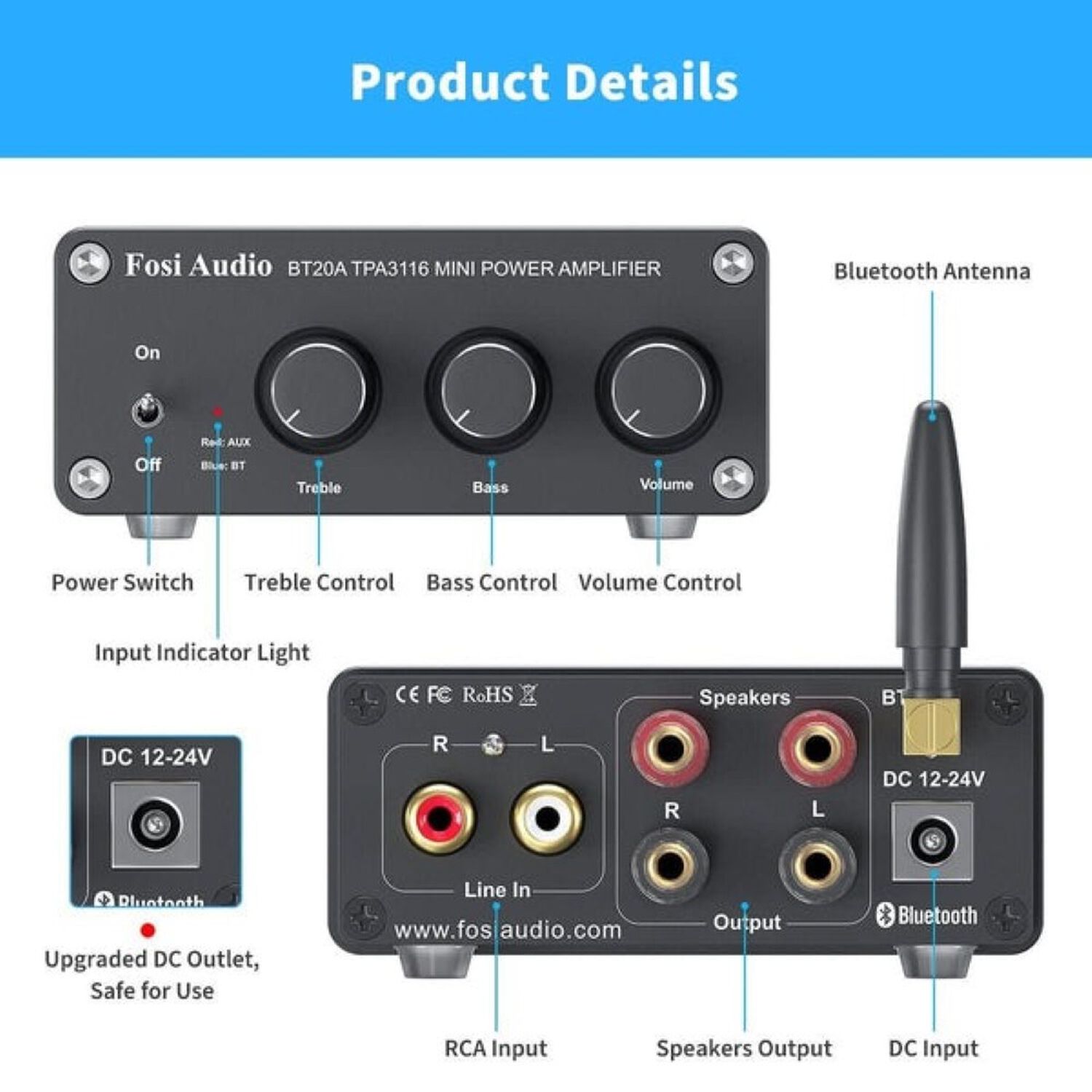 Amplificador Bluetooth 5.0 Clase D 2x100w - Fosi Audio Bt20a image number 2.0
