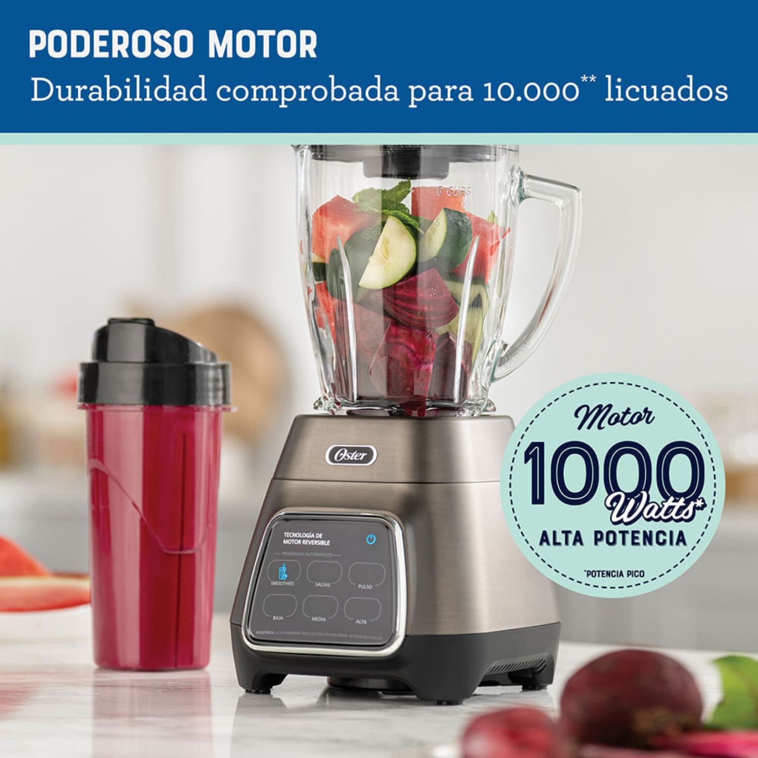 Licuadora Oster Programas Autom&aacute;ticos Tecnolog&iacute;a Reversible,t&aacute;ctil Y Vaso Blend-n-go Blstpyg1312xbg image number 5.0