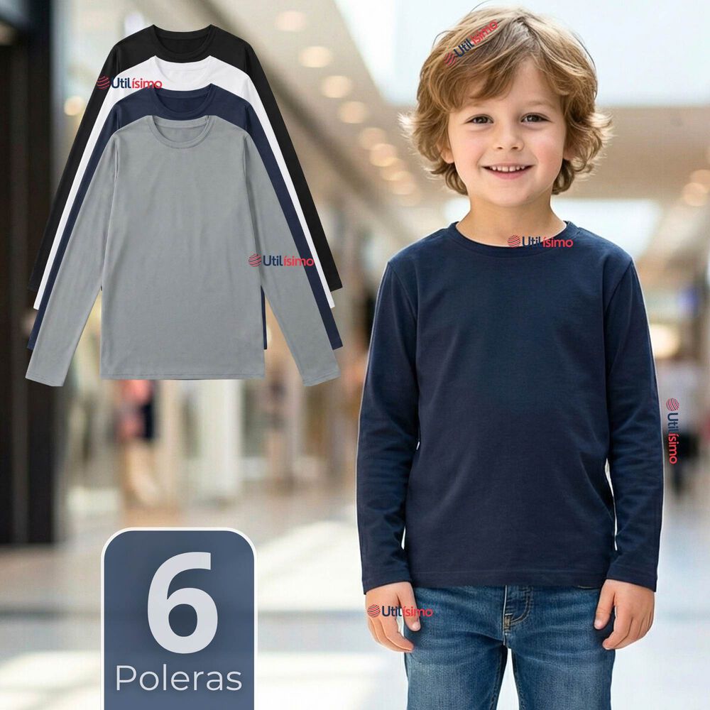 Pack 6 Poleras Camisetas Polar Primera Capa Cuello Redondo Manga Larga Colores Surtido Ni&ntilde;o image number 0.0