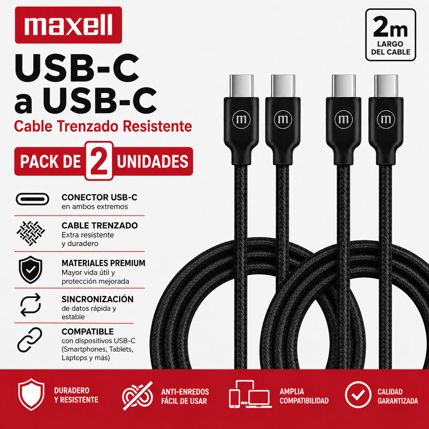 Pack 2 Cable Trenzado Usb C A Usb C Maxell 2 Metros Carga R&aacute;pida Negro image number 2.0
