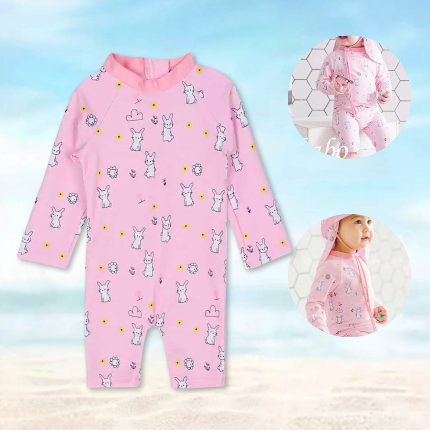 Traje De Ba&ntilde;o Enterito Manga Larga Ni&ntilde;a Jump Kids Rosa Conejo image number 1.0