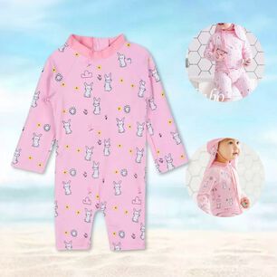 Traje De Ba&ntilde;o Enterito Manga Larga Ni&ntilde;a Jump Kids Rosa Conejo