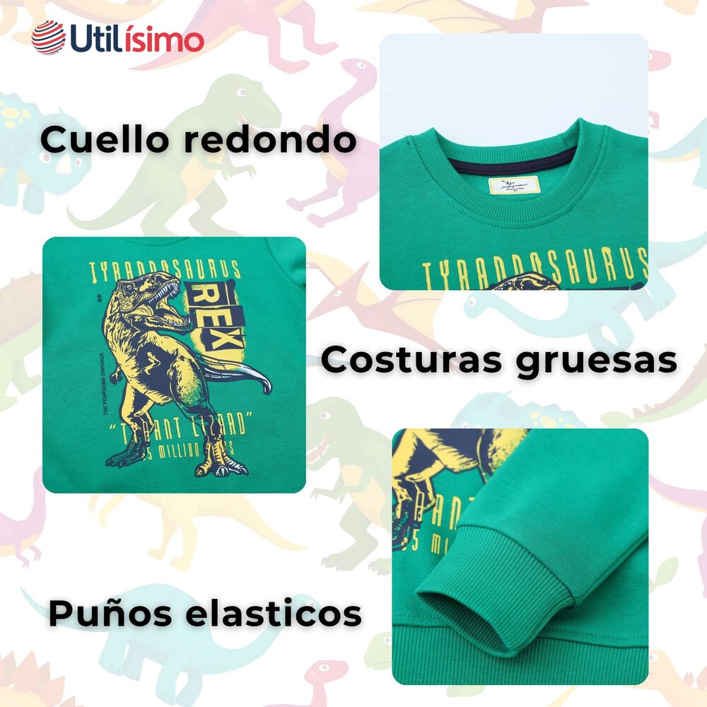 Poler&oacute;n Ni&ntilde;o Manga Larga 100% Algod&oacute;n Verde Dinosaurio image number 3.0