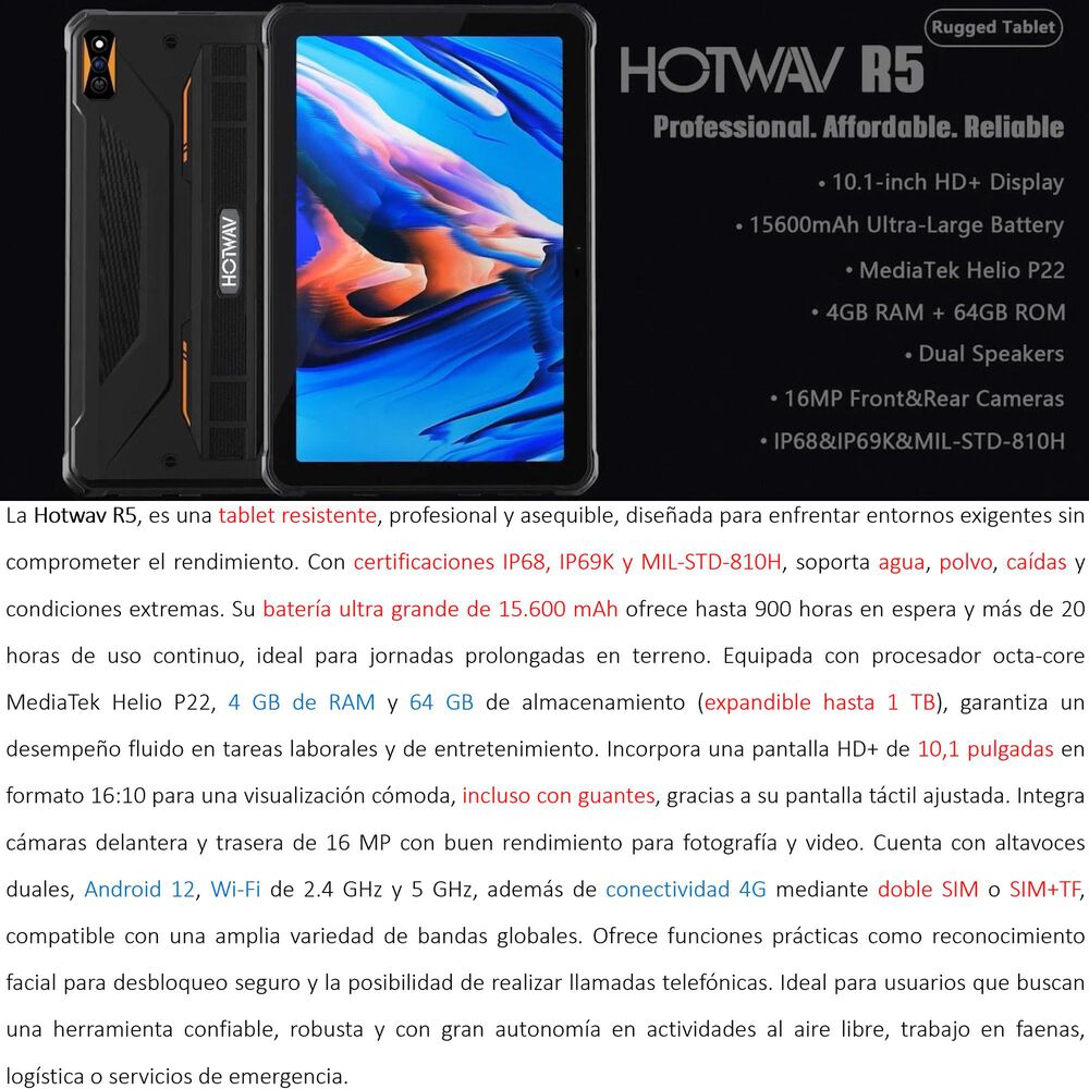 Hotwav R5 Tablet Resistente De 10.1 Con Bater&iacute;a De 15600mah Y 4g image number 1.0