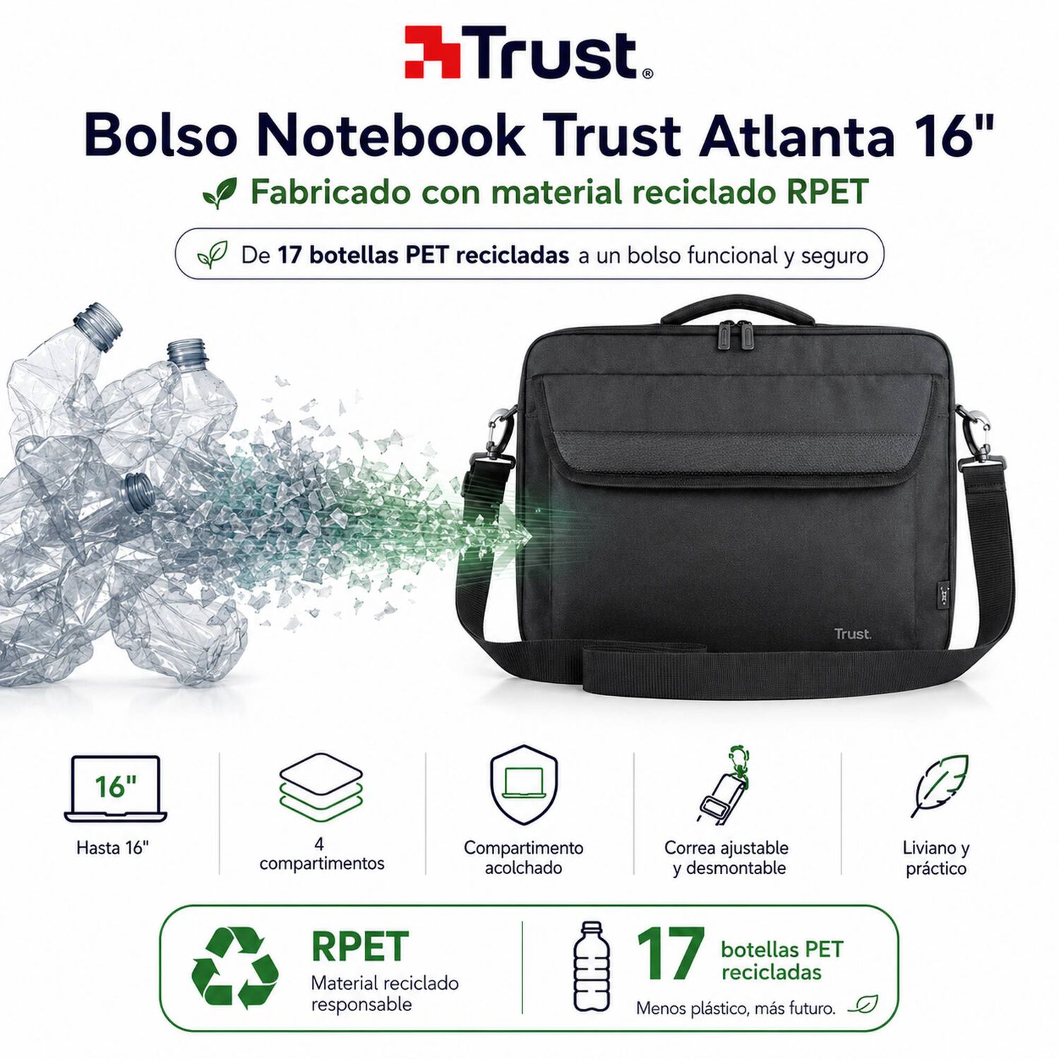 Bolso Notebook Trust Atlanta 16" Con Correa Reinforced Black image number 7.0