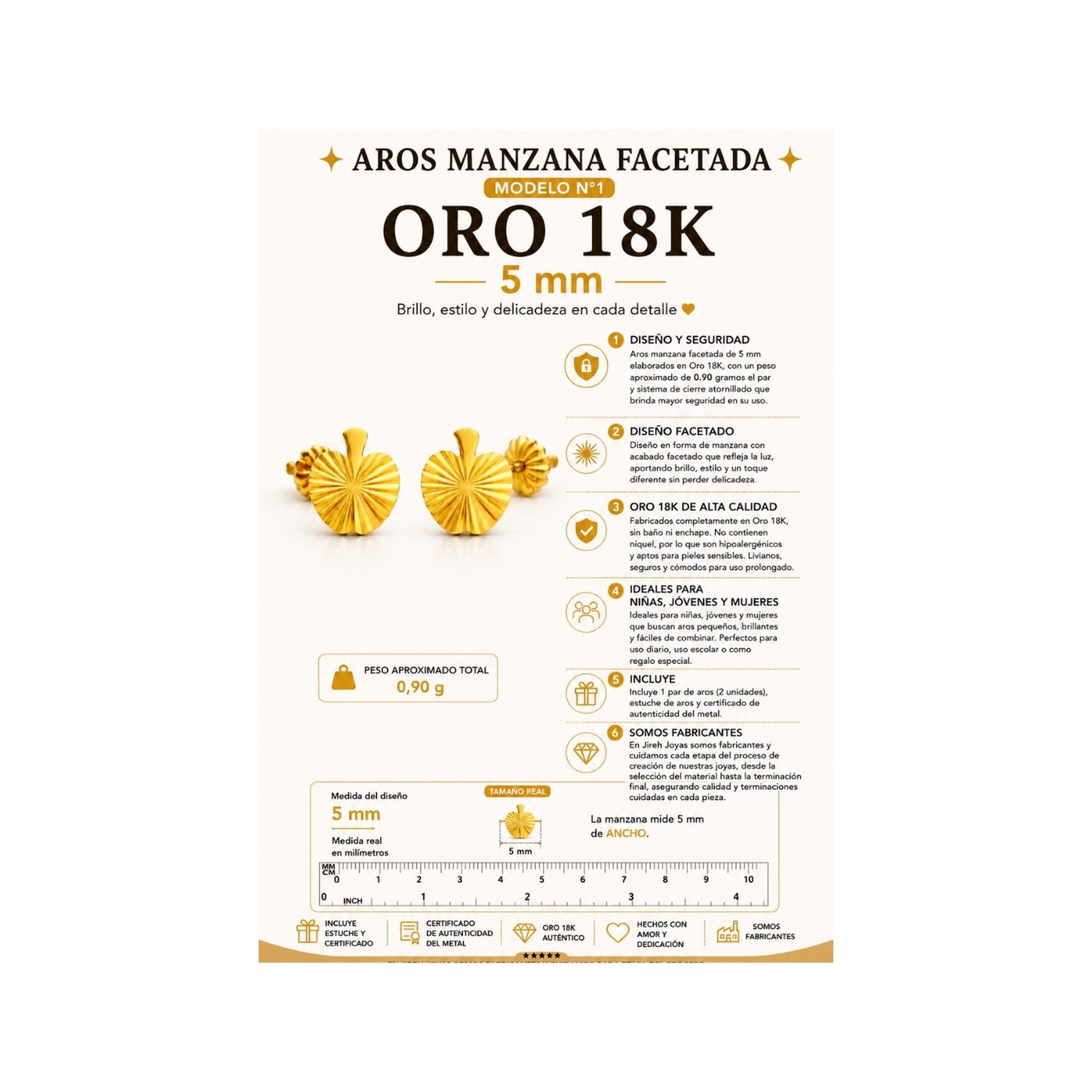 Aros Manzana Facetada 5mm Oro 18k 0.90gr Regalo Mujer Ni&ntilde;a Dorado image number 3.0