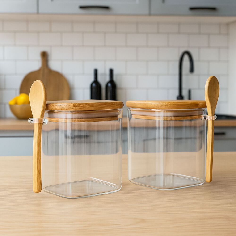 Set 2 Frasco Contenedor 1100ml 12cm Cuadrado Cuchara Bambú image number 1.0