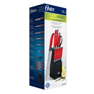 Set Cuchillos Acero Inoxidable Lindbergh 14 Pcs Mango Rojo Y Taco De Madera Negro
