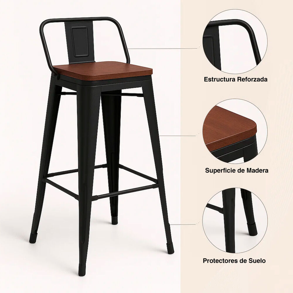 Taburete Tolix Negro Alto Con Respaldo Para Bar O Terraza - Asiento De Madera Oscura Walnut image number 4.0
