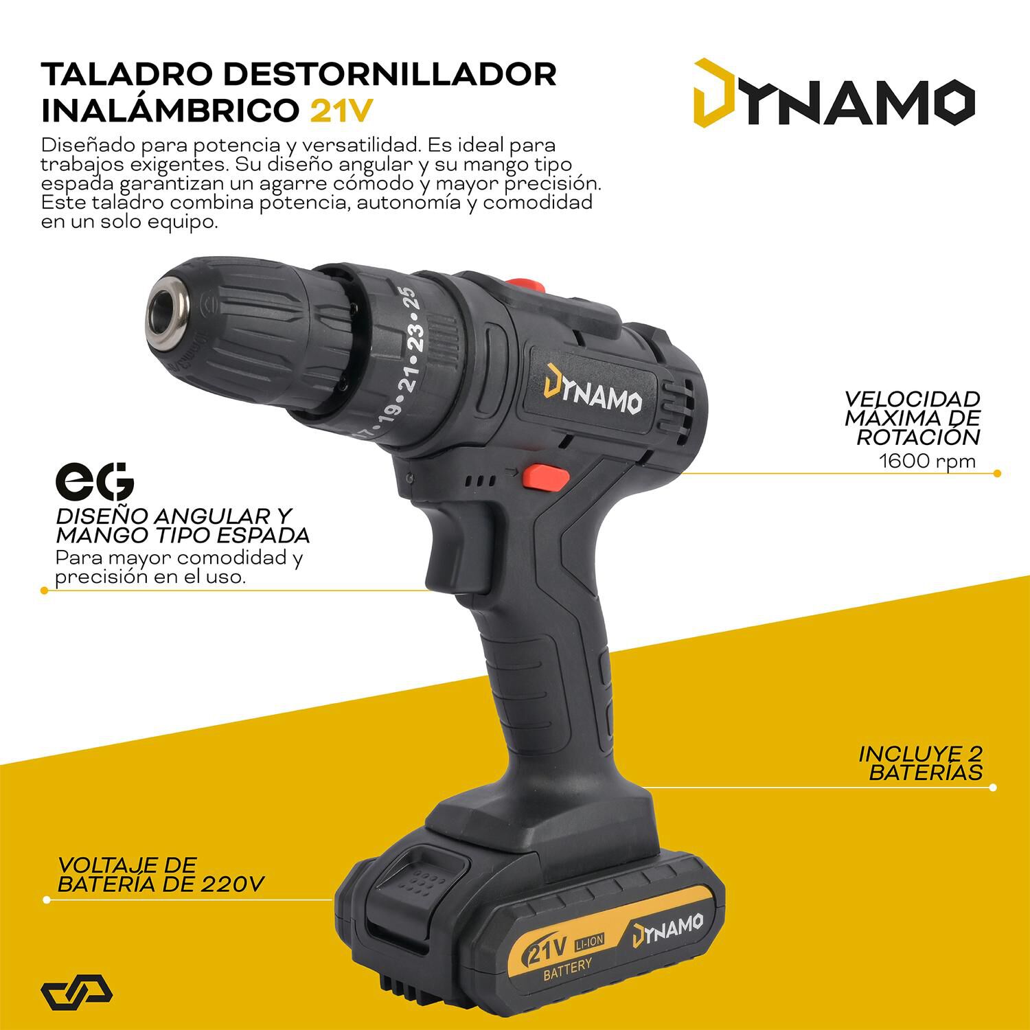 Kit Taladro Destornillador Inal&aacute;mbrico Dynamo 21v 2 Bater&iacute;as image number 1.0