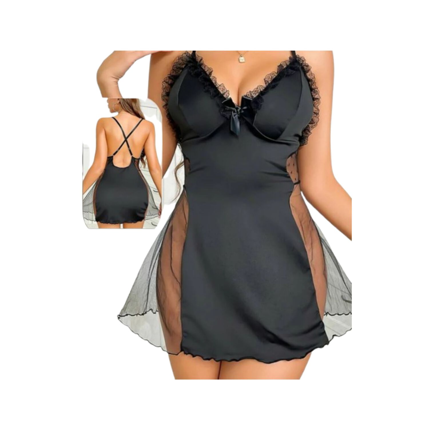 Lencer&iacute;a Er&oacute;tica Camis&oacute;n Malla Con Cuello En V Para Mujer image number 2.0