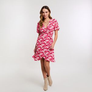 Vestido Full Print Manga Corta Lazo Cruzado En Cintura Mujer Kimera