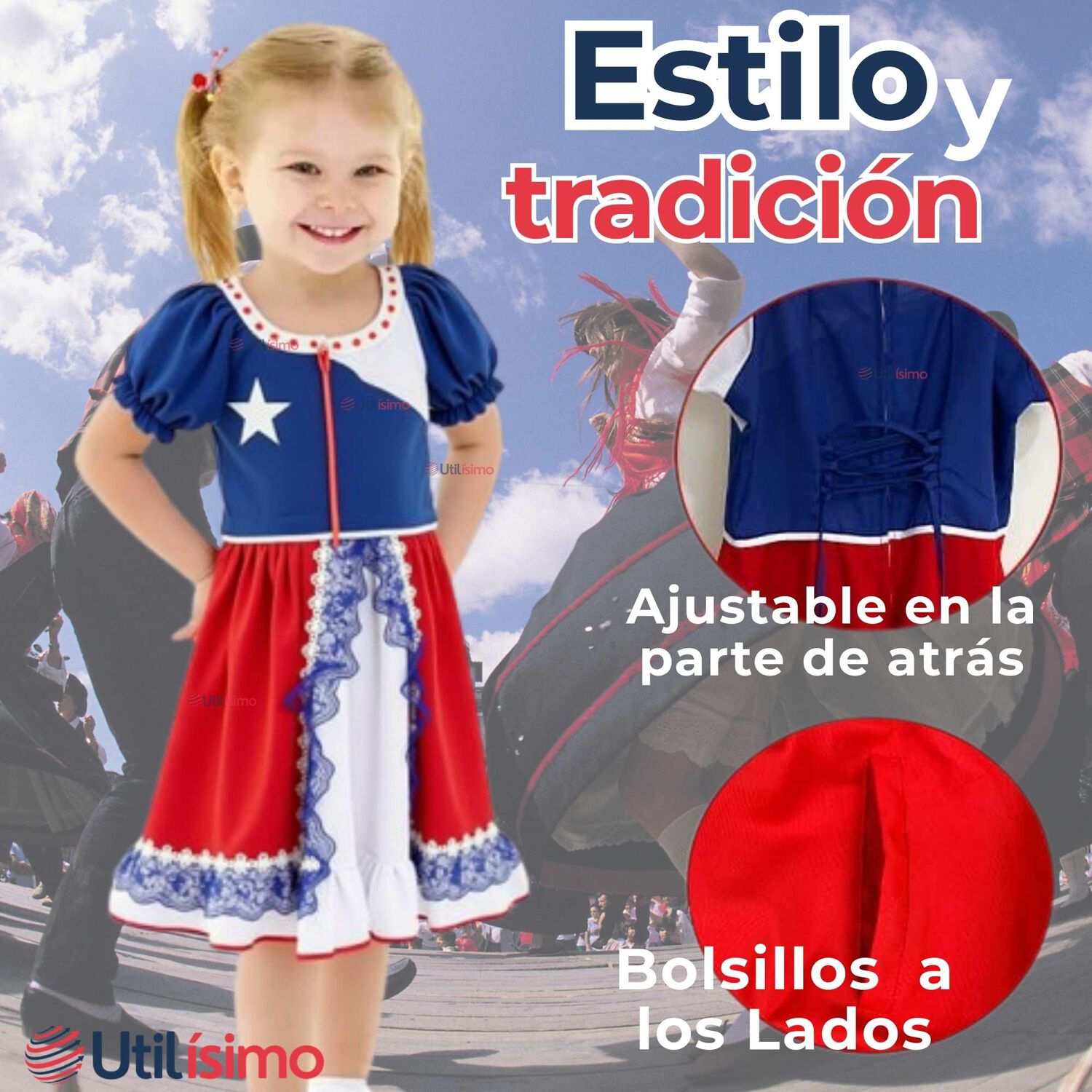 Vestido Huasa Ni&ntilde;a Bandera Chilena Fiestas Patrias image number 3.0