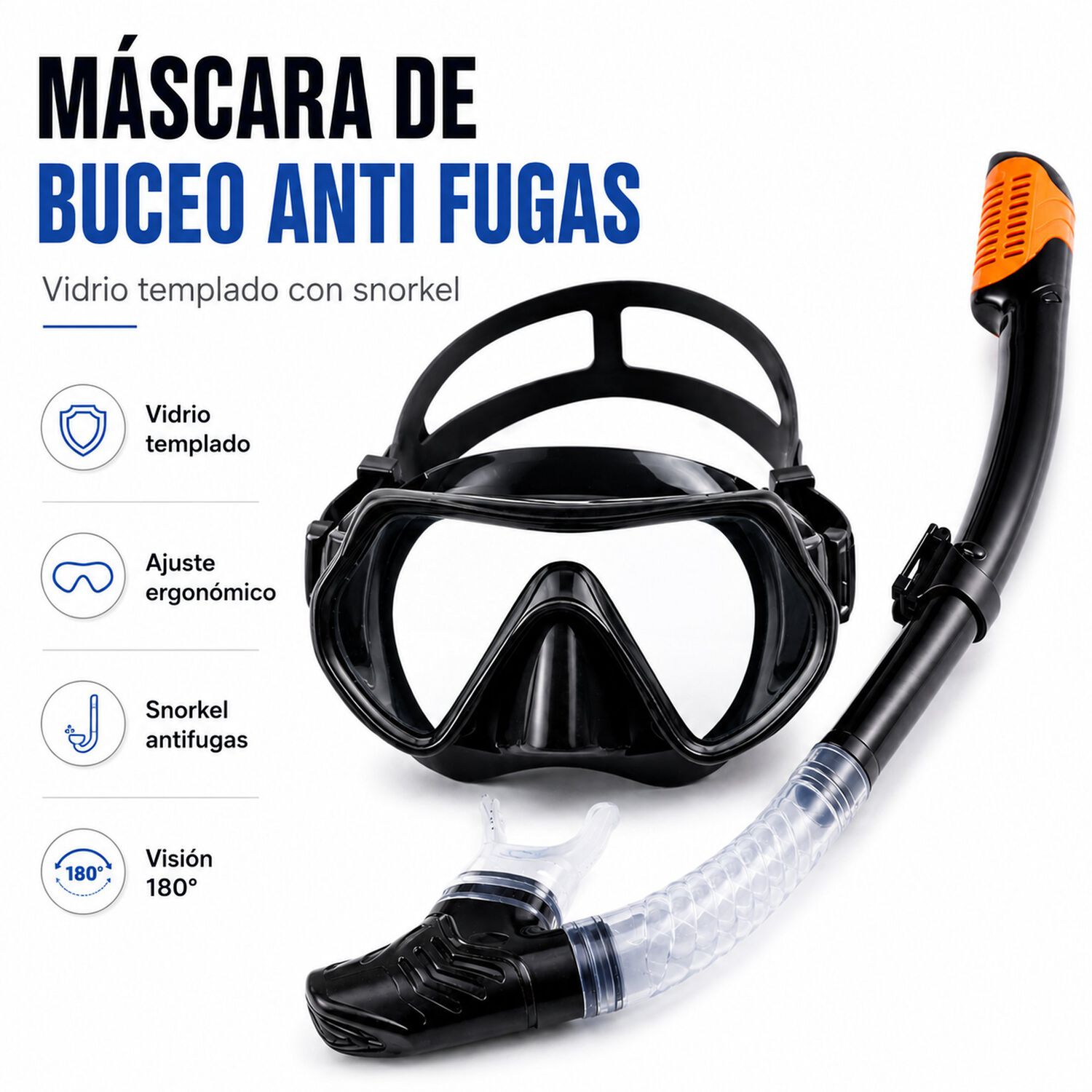 Mascara De Buceo Anti Fugas De Vidrio Templado Con Snorkel image number 6.0