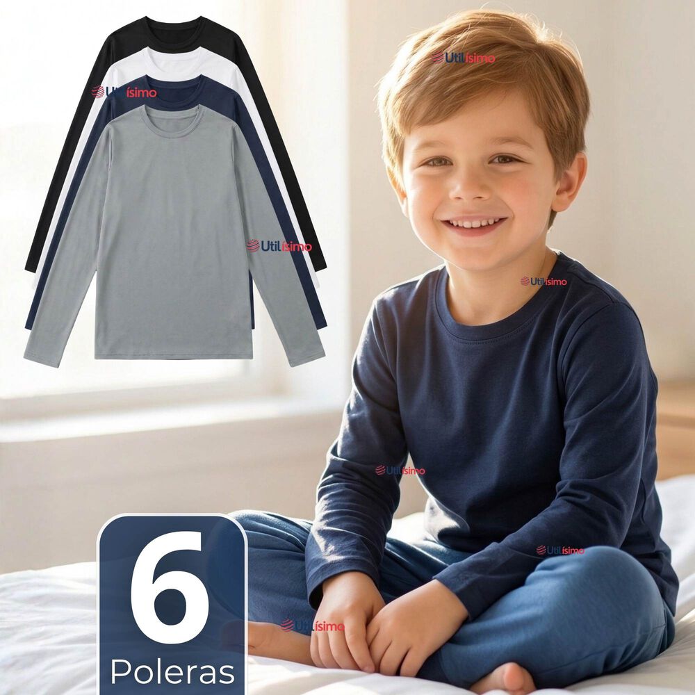 Pack 6 Poleras Camisetas Polar Primera Capa Cuello Redondo Manga Larga Colores Surtido Ni&ntilde;o image number 0.0