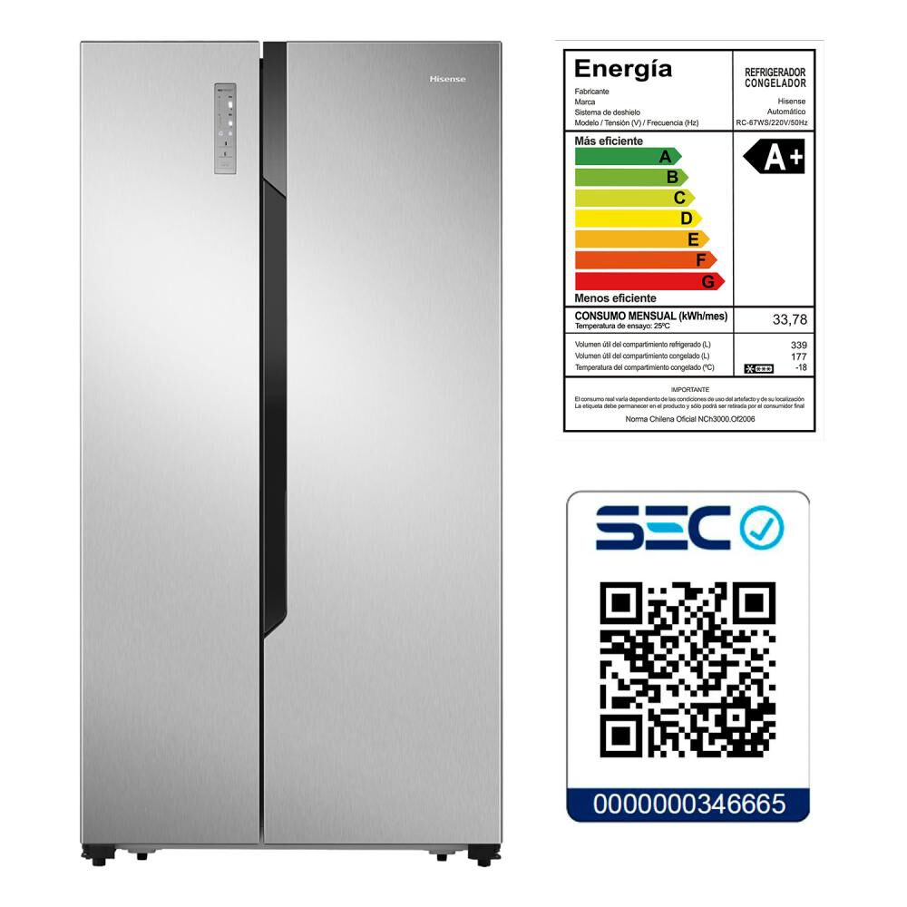 Refrigerador Side By Side No Frost Hisense RC-67WS / 516 Litros / A+