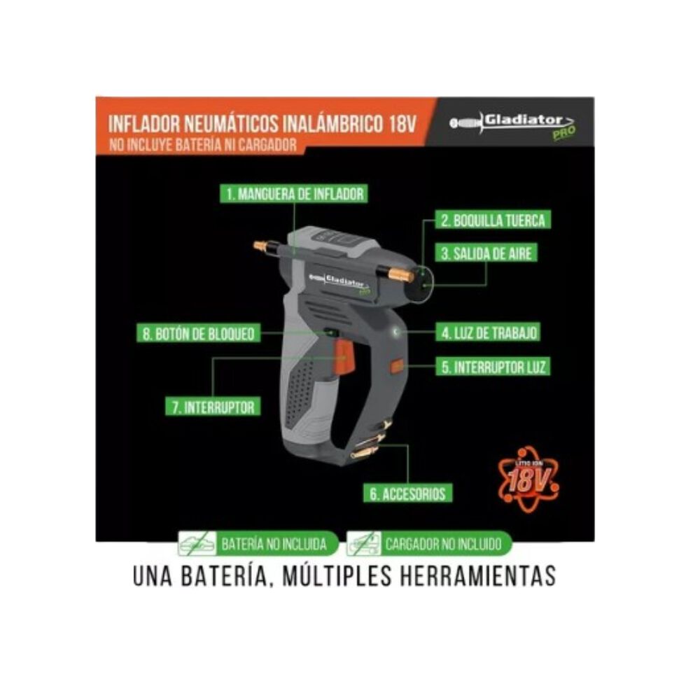 Inflador De Neumaticos Inalambrico 18v Sin Bat Gladiator image number 5.0