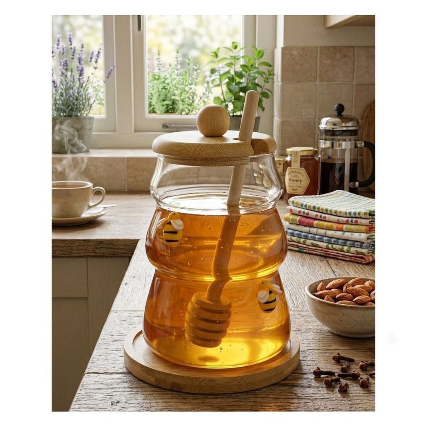 Frasco Miel Vidrio Forma Colmena Tapa Base Bamb&uacute; Dipper Abejas Decorativas image number 1.0