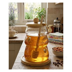 Frasco Miel Vidrio Forma Colmena Tapa Base Bamb&uacute; Dipper Abejas Decorativas