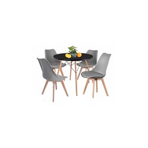 Comedor Mesa Eames Redonda Negra 80cms + 4 Sillas Tulip Gris