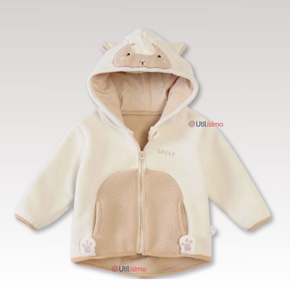 Chaqueta Polar Manga Larga Con Capucha Ni&ntilde;o Y Ni&ntilde;a Beige Oveja image number 0.0