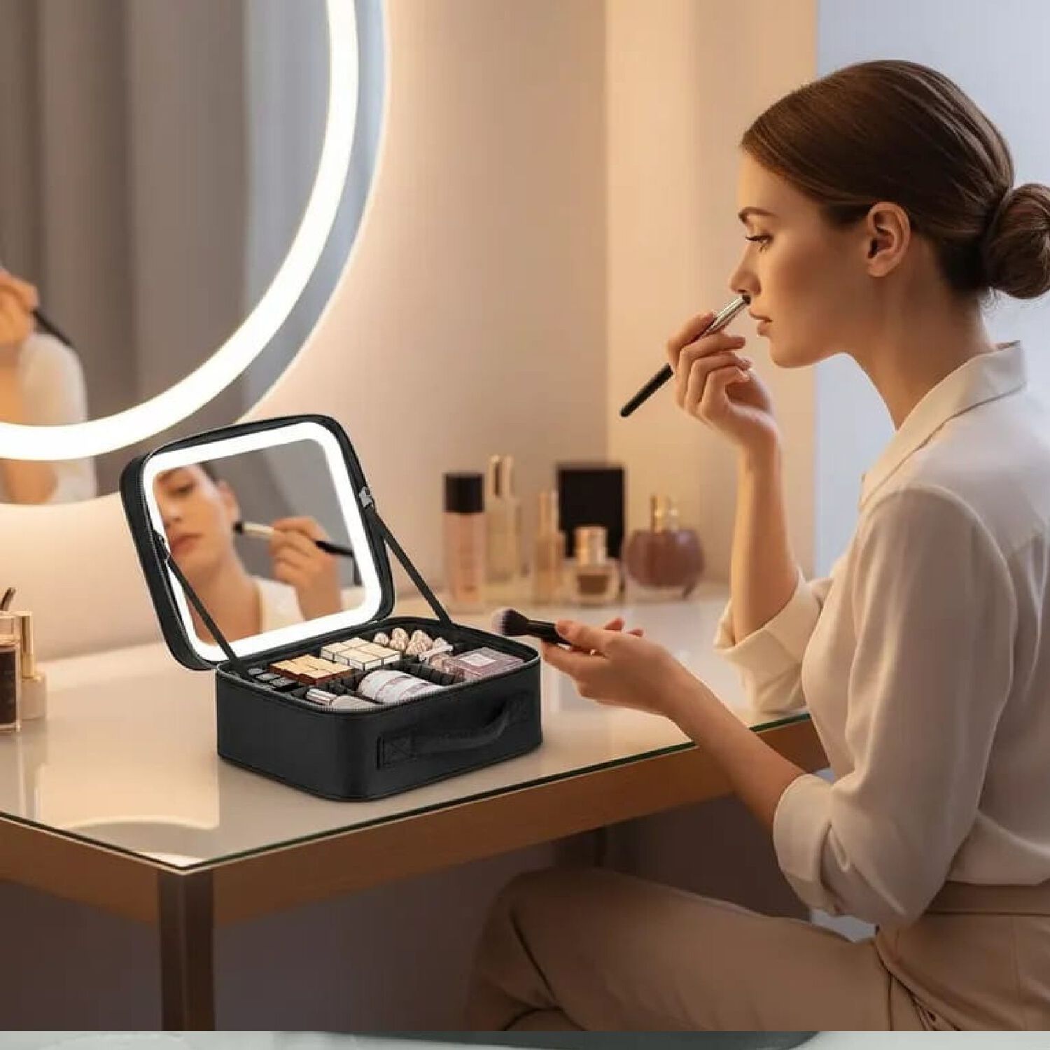 Cosmetiquero Organizador Port&aacute;til Con Espejo Luz Led Color Negro. image number 2.0