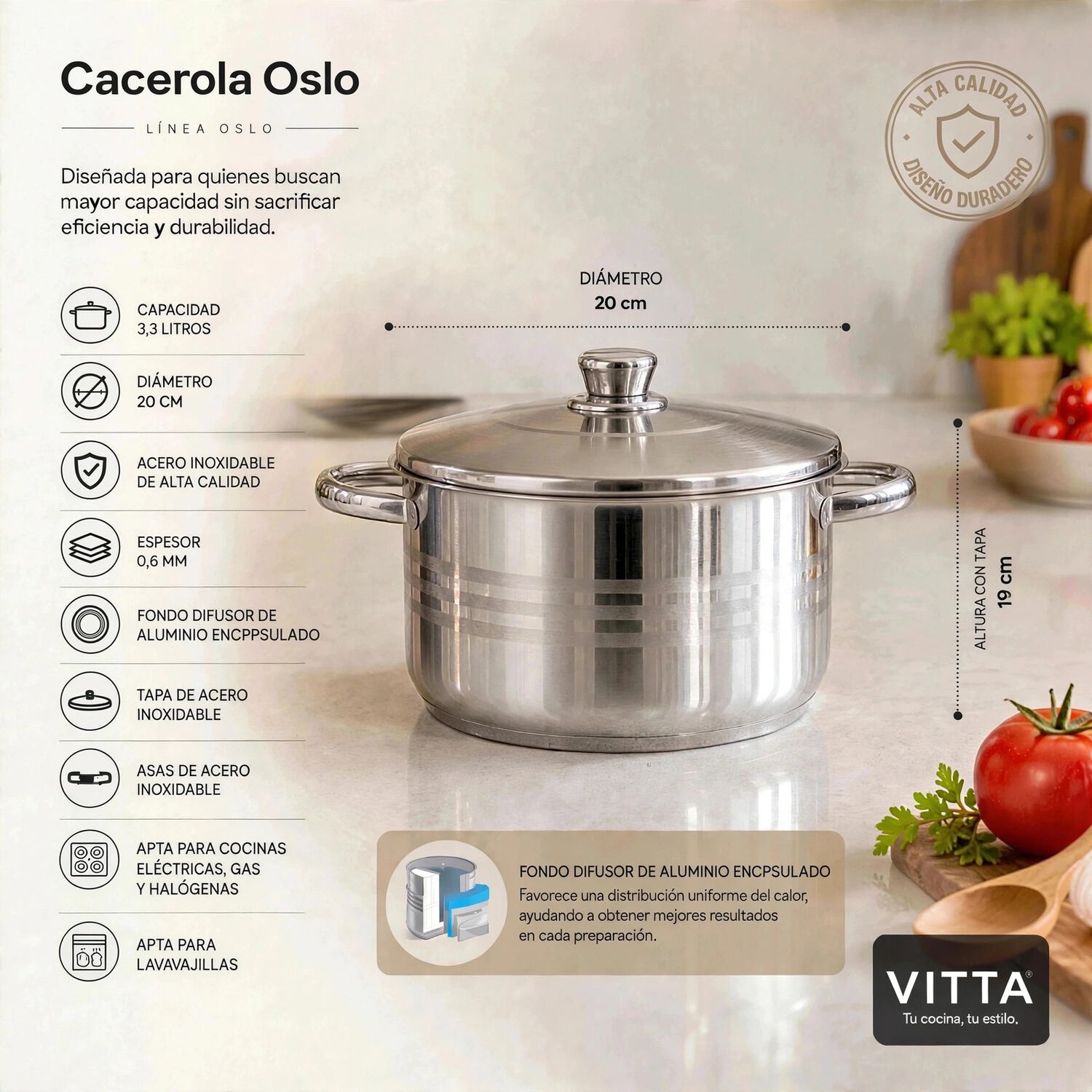 Cacerola Acero Inoxidable 20 Cm 3,3 Litros 0.6 Mm Modelo Oslo Marca Vitta Color Cromo image number 2.0