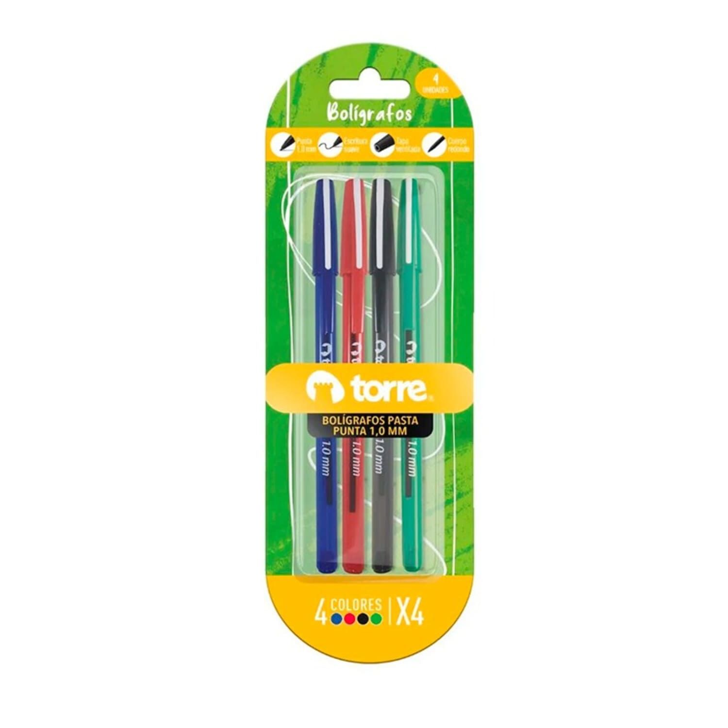 Pack X 4 Blister 4 Bol&iacute;grafos 1 Azul 1 Negro 1 Rojo 1 Verde Torre image number 1.0