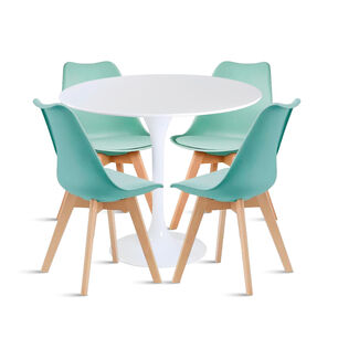 Comedor Mesa Tulip Blanca + 4 Sillas Tulip Acolchada - Menta