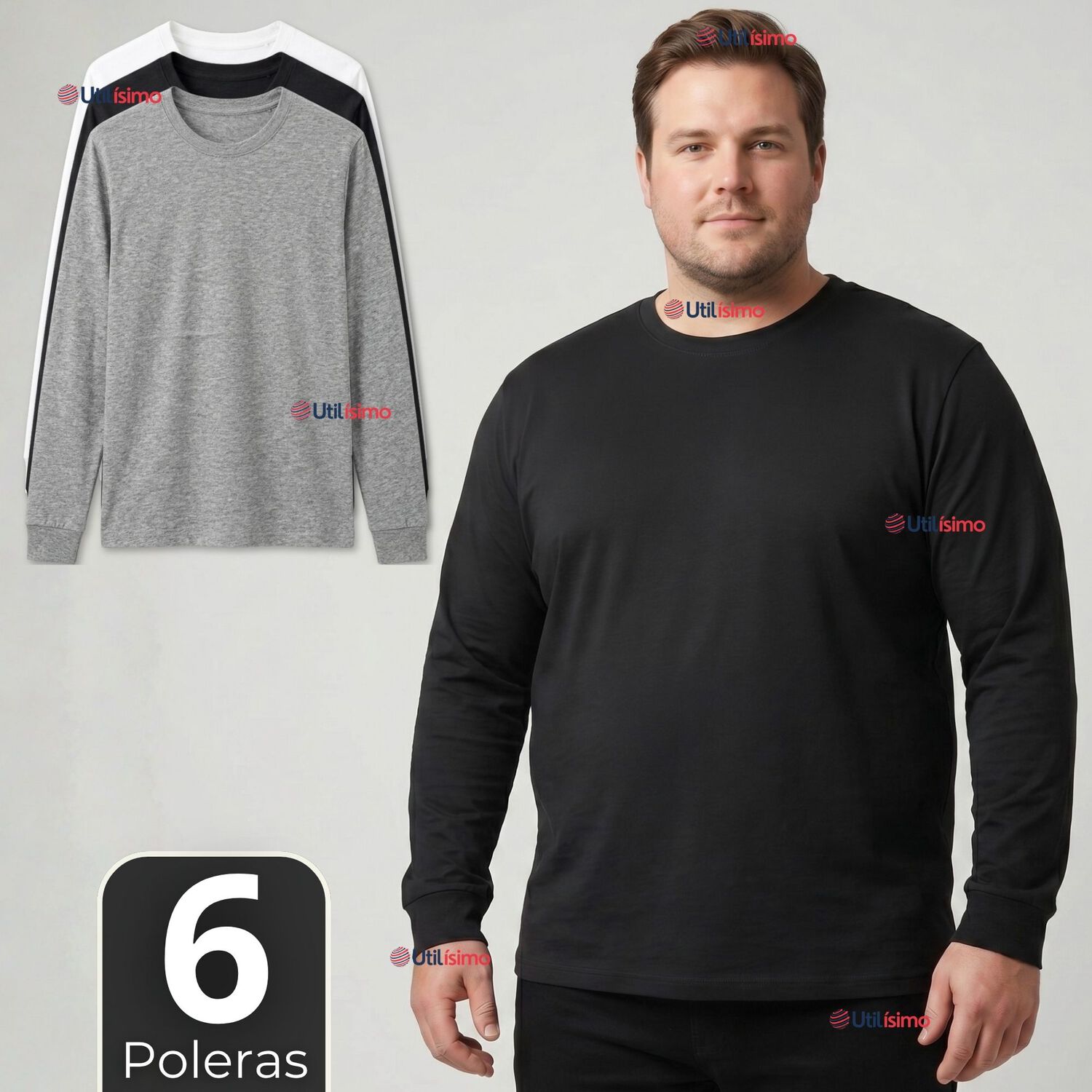 Pack 6 Camisetas Poleras Algod&oacute;n Manga Larga Cuello Redondo Primera Capa Hombre image number 0.0