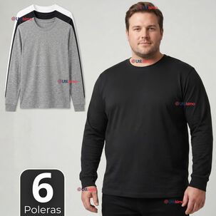 Pack 6 Camisetas Poleras Algod&oacute;n Manga Larga Cuello Redondo Primera Capa Hombre