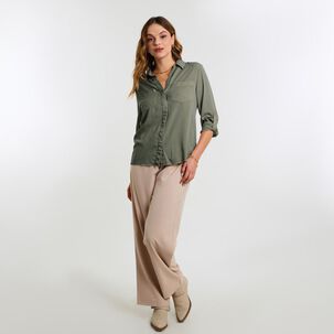 Blusa Lisa Abotonada Lyocell Manga Larga Cuello Camisero Mujer Kimera