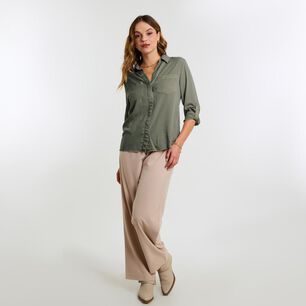 Blusa Lisa Abotonada Lyocell Manga Larga Cuello Camisero Mujer Kimera