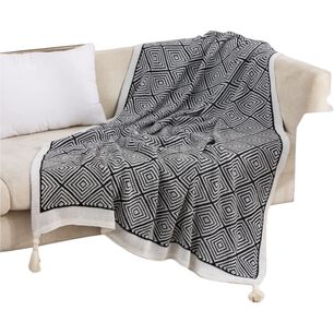 Manta Decorativa Dise&ntilde;o Rombos Medida 130x150cm Con Pompones Negro Mc1-4