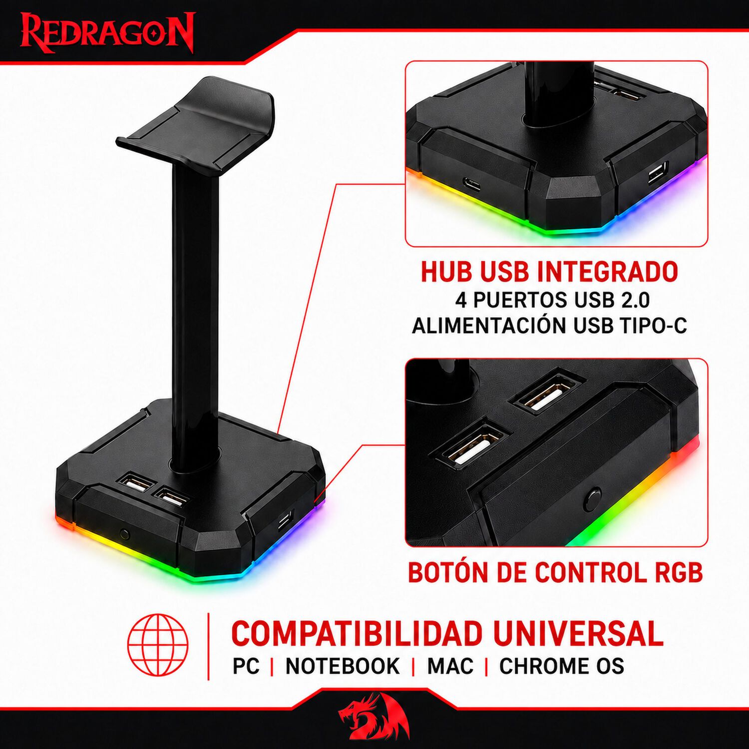 Soporte Para Aud&iacute;fonos Redragon Scepter Con Hub Usb Full Rgb image number 6.0