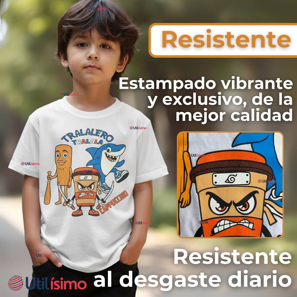 Polera Brainrots 100% Algodón Manga Corta Niño Tralalero Blanco image number 3.0