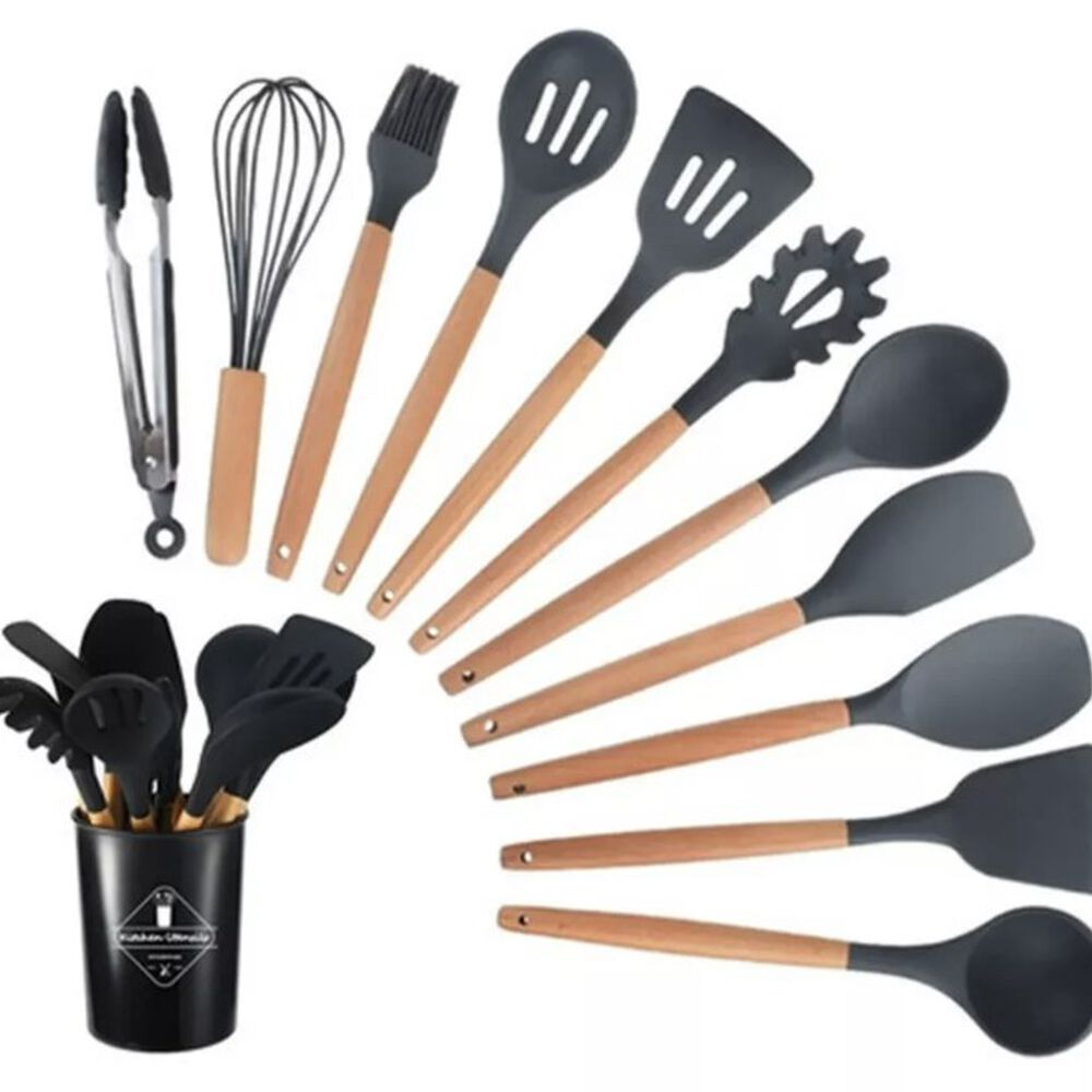 Set 12 Utensilios Cocina Mango Silicona Y Madera Repostería Negro image number 0.0