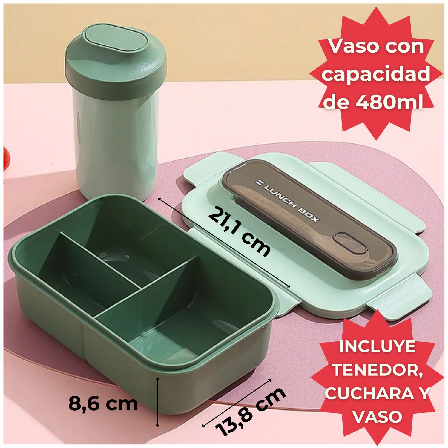 Fiambrera Contenedor Lunch Box 1200 Ml + Vaso T&aacute;per Pl&aacute;stico Green image number 1.0