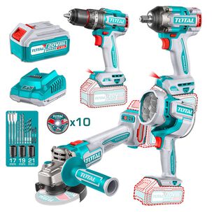 Kit 20v Inal&aacute;mbrico Llave Impacto, Taladro Percutor, Amoladora Y Foco Led, Bater&iacute;as Y Cargador Total