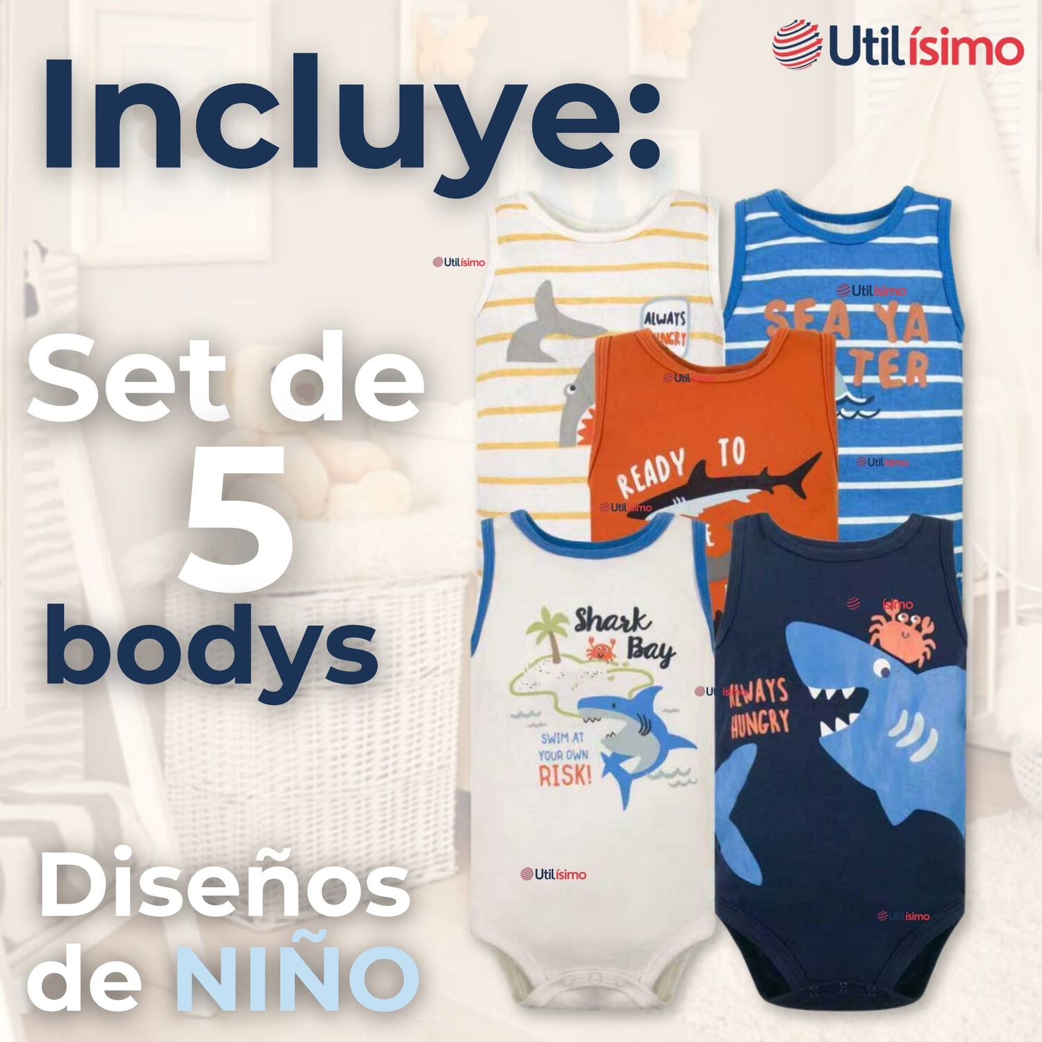 Pack 5 Bodys Ni&ntilde;o Sin Manga Tedmimak 100% Algod&oacute;n Baby Shark image number 1.0