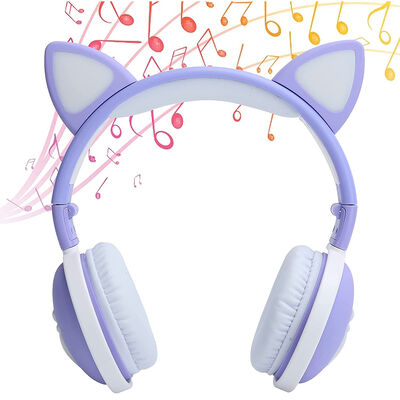 Audifonos Bluetooth Inalámbrico Niños Lila Led Gato